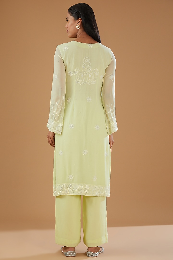 Lime Green Georgette & Crepe Chikankari Kurta Set by The Mohi Studio at Pernia's Pop Up Shop
