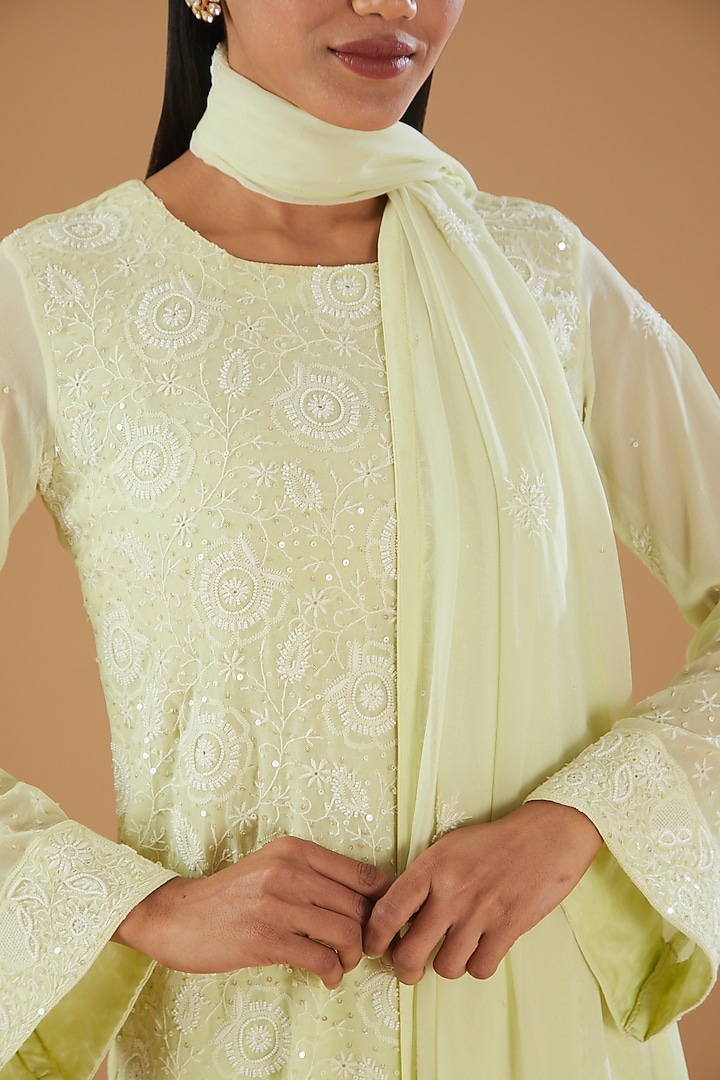 Lime Green Georgette & Crepe Chikankari Kurta Set by The Mohi Studio at Pernia's Pop Up Shop