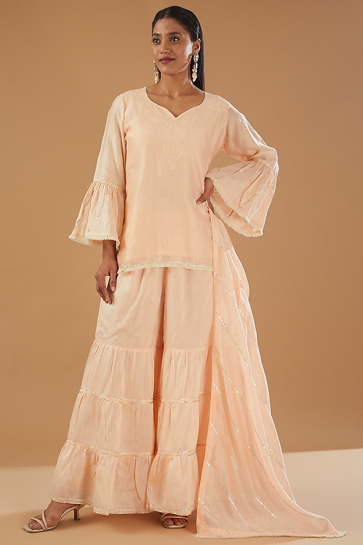 Peach Chanderi Silk Sharara Set by The Mohi Studio
