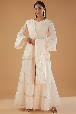 Beige Chanderi Silk Sharara Set by The Mohi Studio