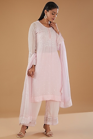 Baby Pink Georgette & Crepe Chikankari Kurta Set by The Mohi Studio