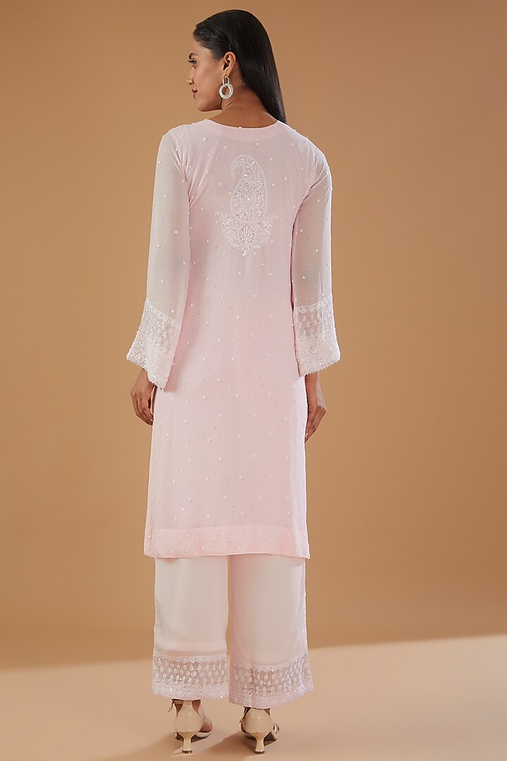 Baby Pink Georgette & Crepe Chikankari Kurta Set by The Mohi Studio at Pernia's Pop Up Shop