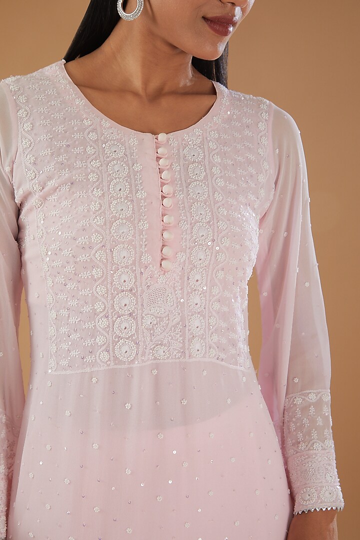Baby Pink Georgette & Crepe Chikankari Kurta Set by The Mohi Studio at Pernia's Pop Up Shop