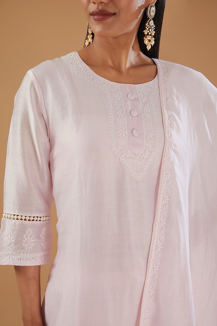 Beige Chanderi Silk Chikankari Kurta Set by The Mohi Studio at Pernia's Pop Up Shop