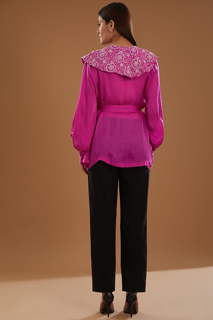 Rani Pink Satin Organza Chikankari Top With Belt by The Mohi Studio at Pernia's Pop Up Shop