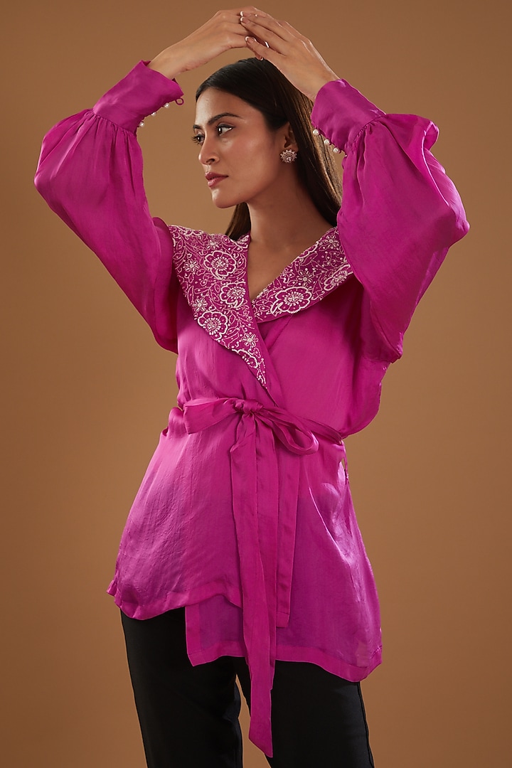 Rani Pink Satin Organza Chikankari Top With Belt by The Mohi Studio at Pernia's Pop Up Shop