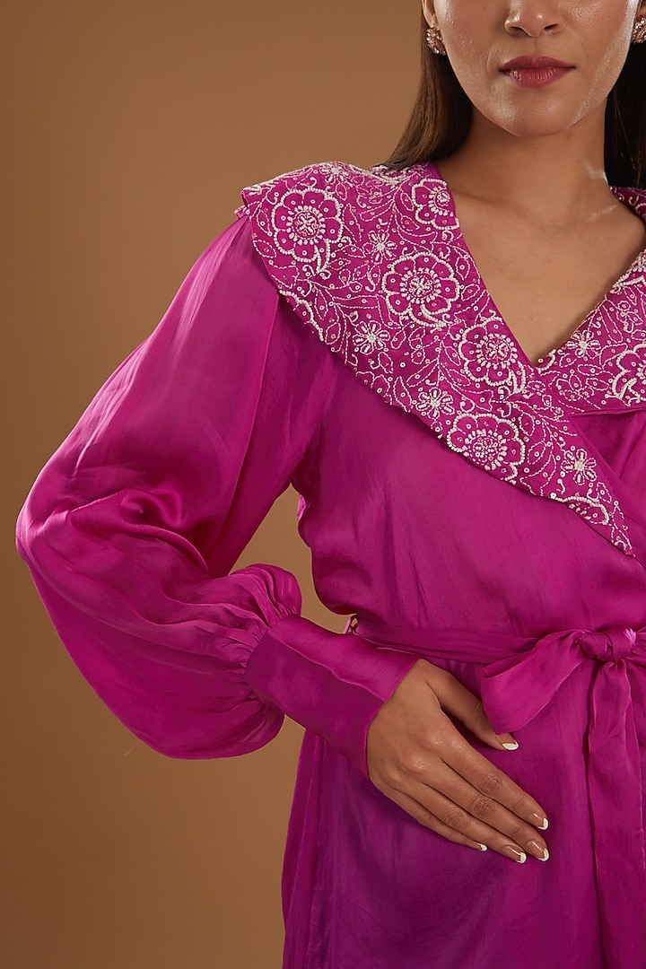 Rani Pink Satin Organza Chikankari Top With Belt by The Mohi Studio at Pernia's Pop Up Shop