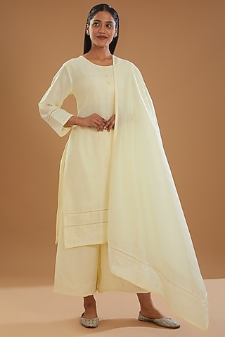 Yellow Chanderi Silk Chikankari Kurta Set by The Mohi Studio