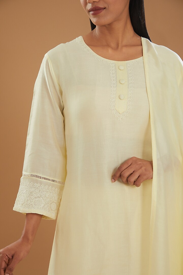 Yellow Chanderi Silk Chikankari Kurta Set by The Mohi Studio at Pernia's Pop Up Shop