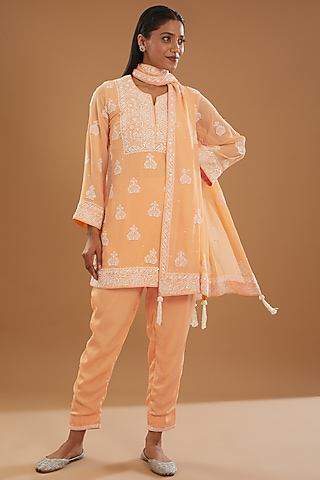 Orange Georgette & Semi Crepe Chikankari Kurta Set by The Mohi Studio