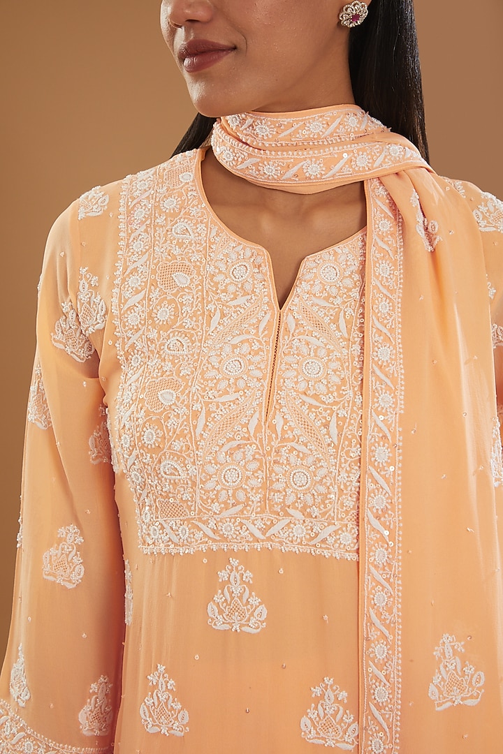 Orange Georgette & Semi Crepe Chikankari Kurta Set by The Mohi Studio at Pernia's Pop Up Shop