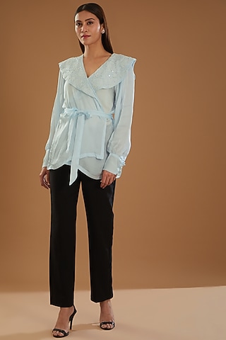 Blue Satin Organza Chikankari Top With Belt by The Mohi Studio