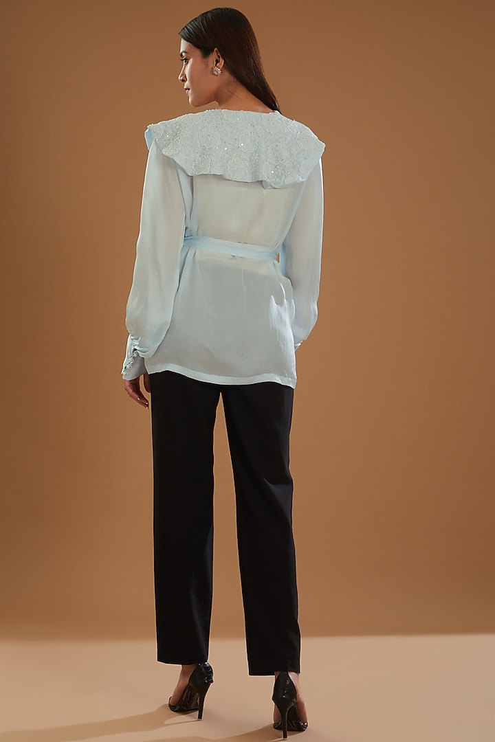 Blue Satin Organza Chikankari Top With Belt by The Mohi Studio at Pernia's Pop Up Shop
