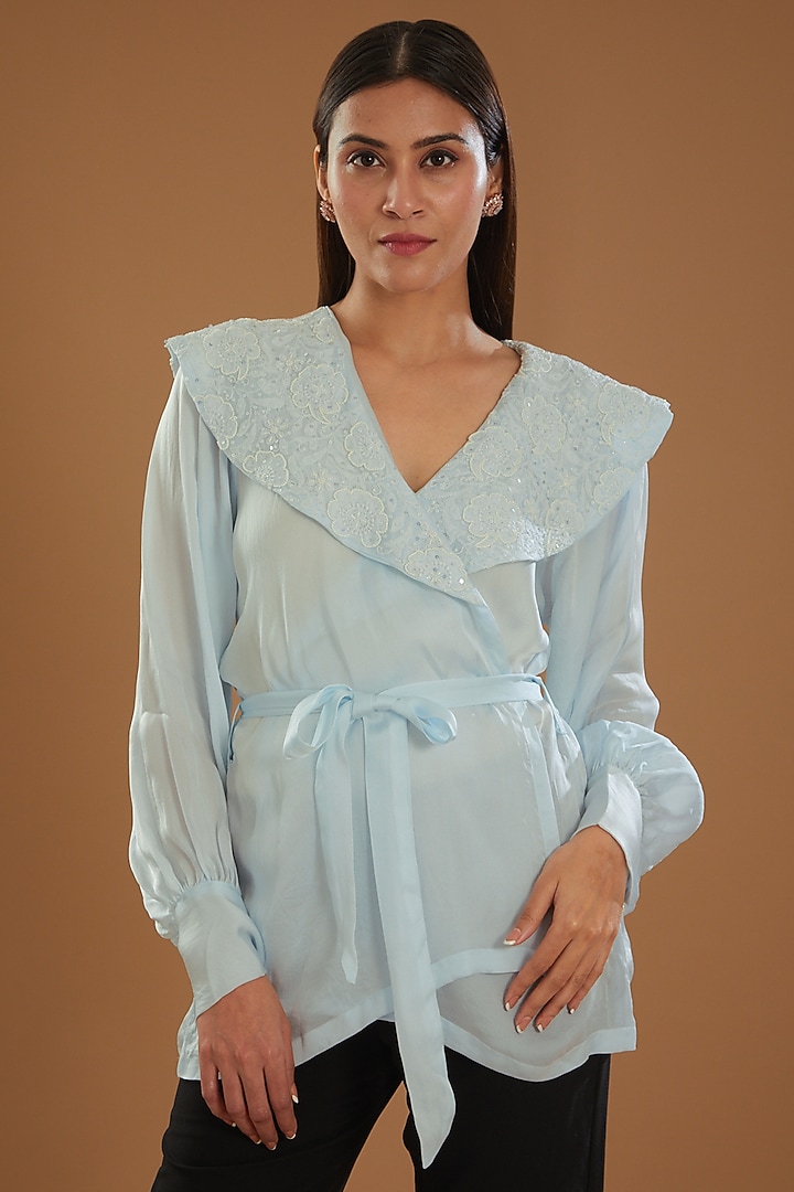 Blue Satin Organza Chikankari Top With Belt by The Mohi Studio at Pernia's Pop Up Shop