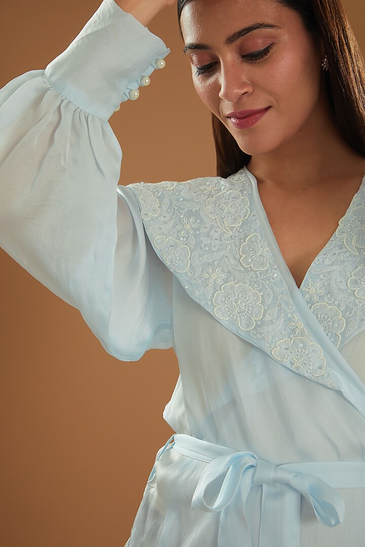 Blue Satin Organza Chikankari Top With Belt by The Mohi Studio at Pernia's Pop Up Shop