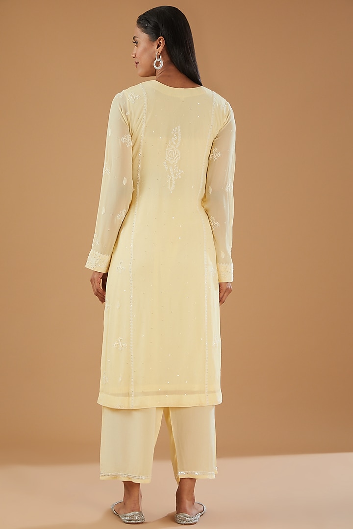 Yellow Georgette & Semi Crepe Chikankari Kurta Set by The Mohi Studio at Pernia's Pop Up Shop