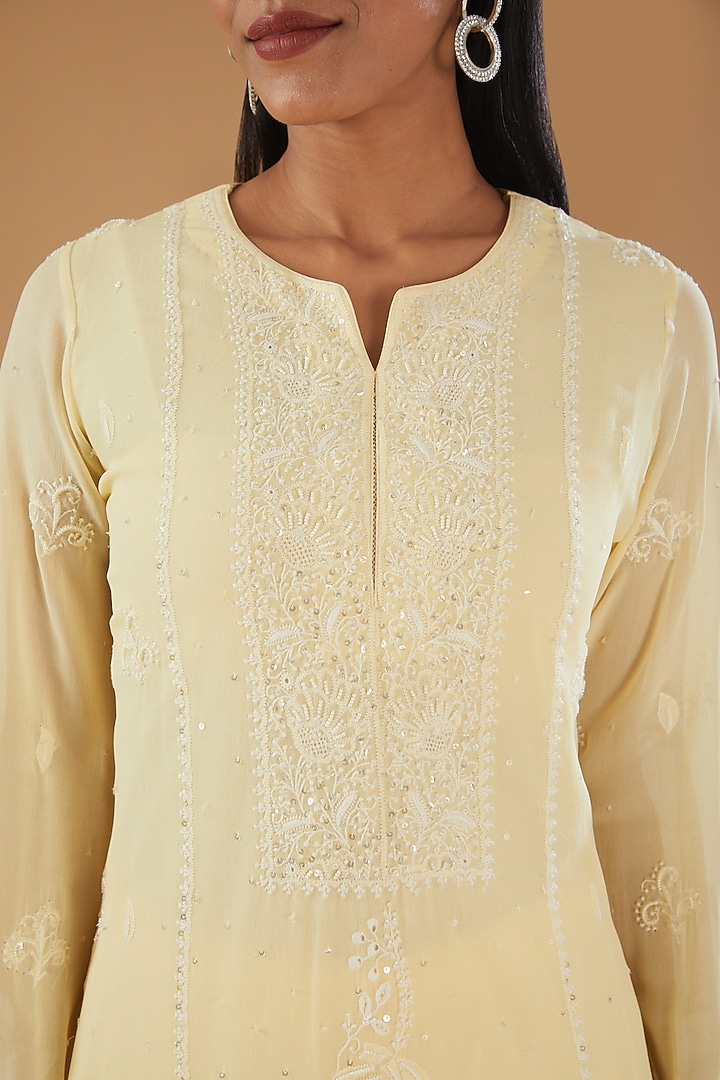 Yellow Georgette & Semi Crepe Chikankari Kurta Set by The Mohi Studio at Pernia's Pop Up Shop
