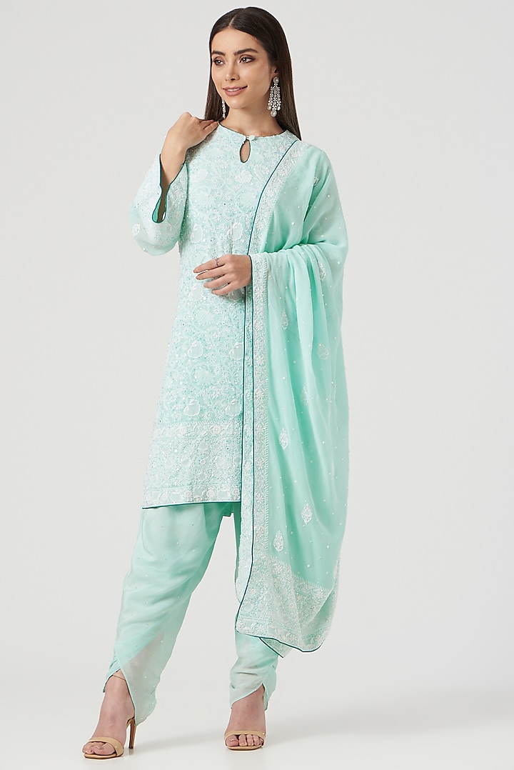 Turquoise Embroidered Kurta Set by The Mohi Studio