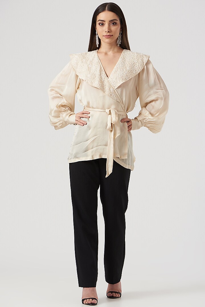 Beige Embroidered Wrap Around Top by The Mohi Studio