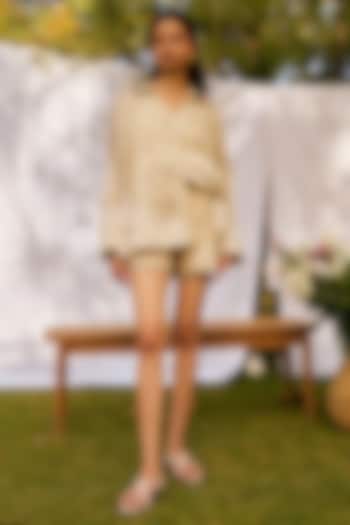 Beige Pure Chanderi Silk Machine Embroidered Oversized Shirt by MOH India at Pernia's Pop Up Shop