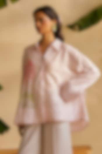 Dusty Rose Pink Chanderi Silk Machine Embroidered Oversized Shirt by MOH India at Pernia's Pop Up Shop