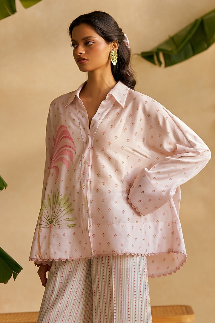 Dusty Rose Pink Chanderi Silk Machine Embroidered Oversized Shirt by MOH India at Pernia's Pop Up Shop