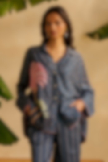 Midnight Blue Chanderi Silk Machine Embroidered Oversized Shirt by MOH India at Pernia's Pop Up Shop