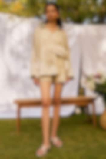 Beige Pure Chanderi Silk Palm Printed Co-Ord Set by MOH India at Pernia's Pop Up Shop
