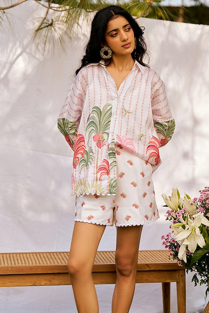 Ivory Pure Chanderi Silk Embroidered & Printed Co-Ord Set by MOH India at Pernia's Pop Up Shop
