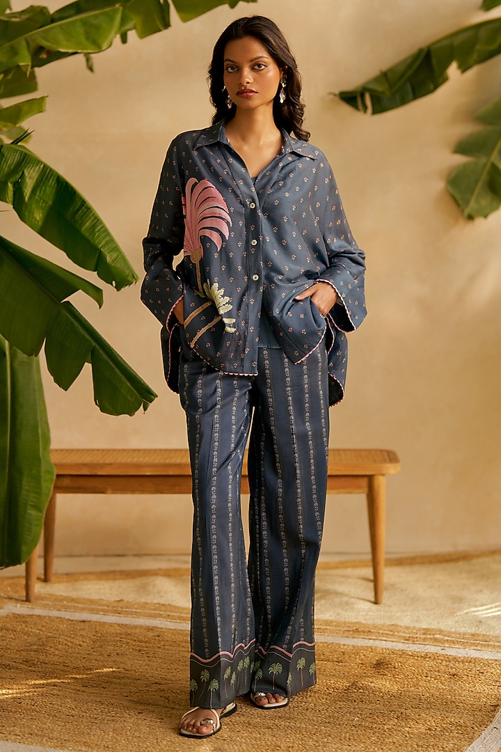 Midnight Blue Chanderi Silk Embroidered Co-Ord Set by MOH India at Pernia's Pop Up Shop