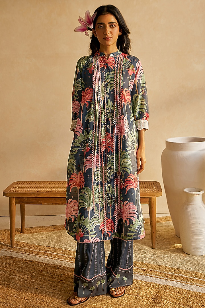 Midnight Blue Chanderi Silk Machine Embellished Kurta Set by MOH India at Pernia's Pop Up Shop