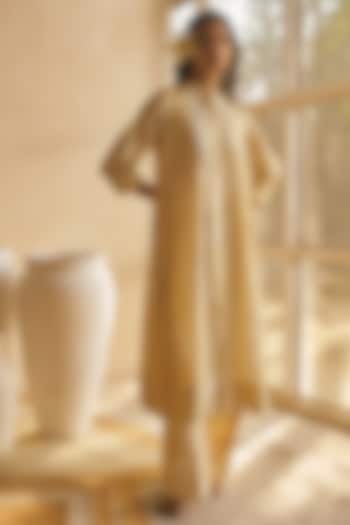 Beige Pure Chanderi Silk Machine Embroidered Kurta Set by MOH India at Pernia's Pop Up Shop