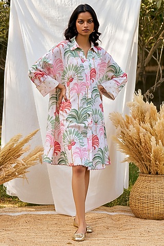 Ivory Pure Linen Machine Embroidered Shirt Dress by MOH India