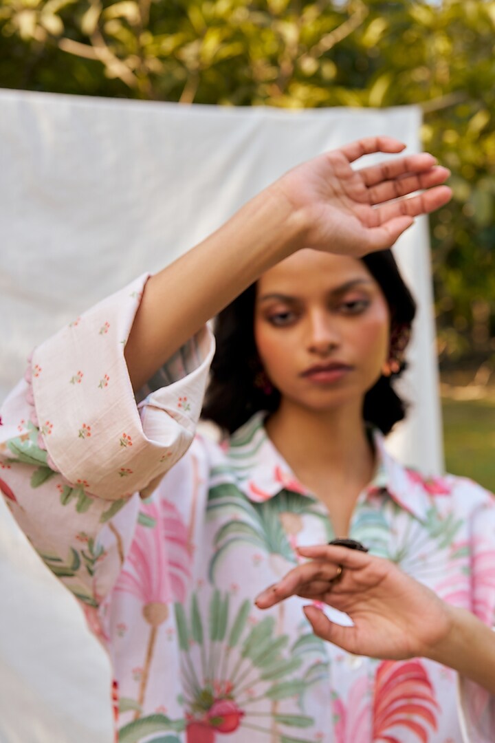 Ivory Pure Linen Machine Embroidered Summer Shirt Dress by MOH India at Pernia's Pop Up Shop