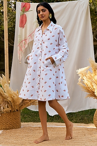 Ivory Pure Linen Machine Embroidered Shirt Dress by MOH India