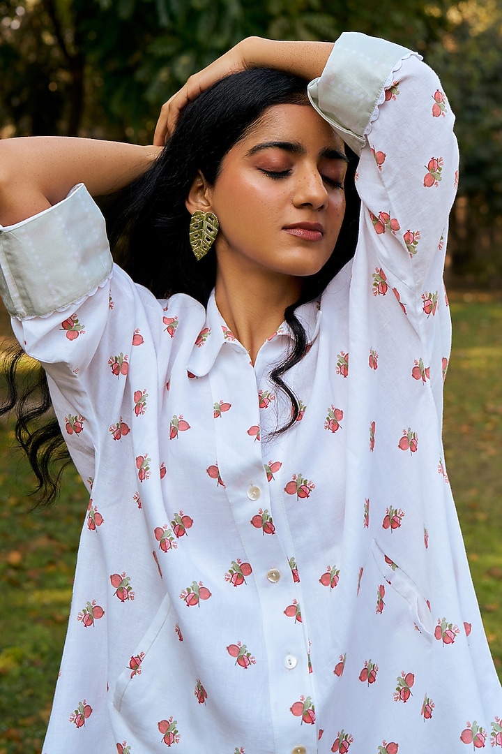 Ivory Pure Linen Machine Embroidered Summer Shirt Dress by MOH India at Pernia's Pop Up Shop