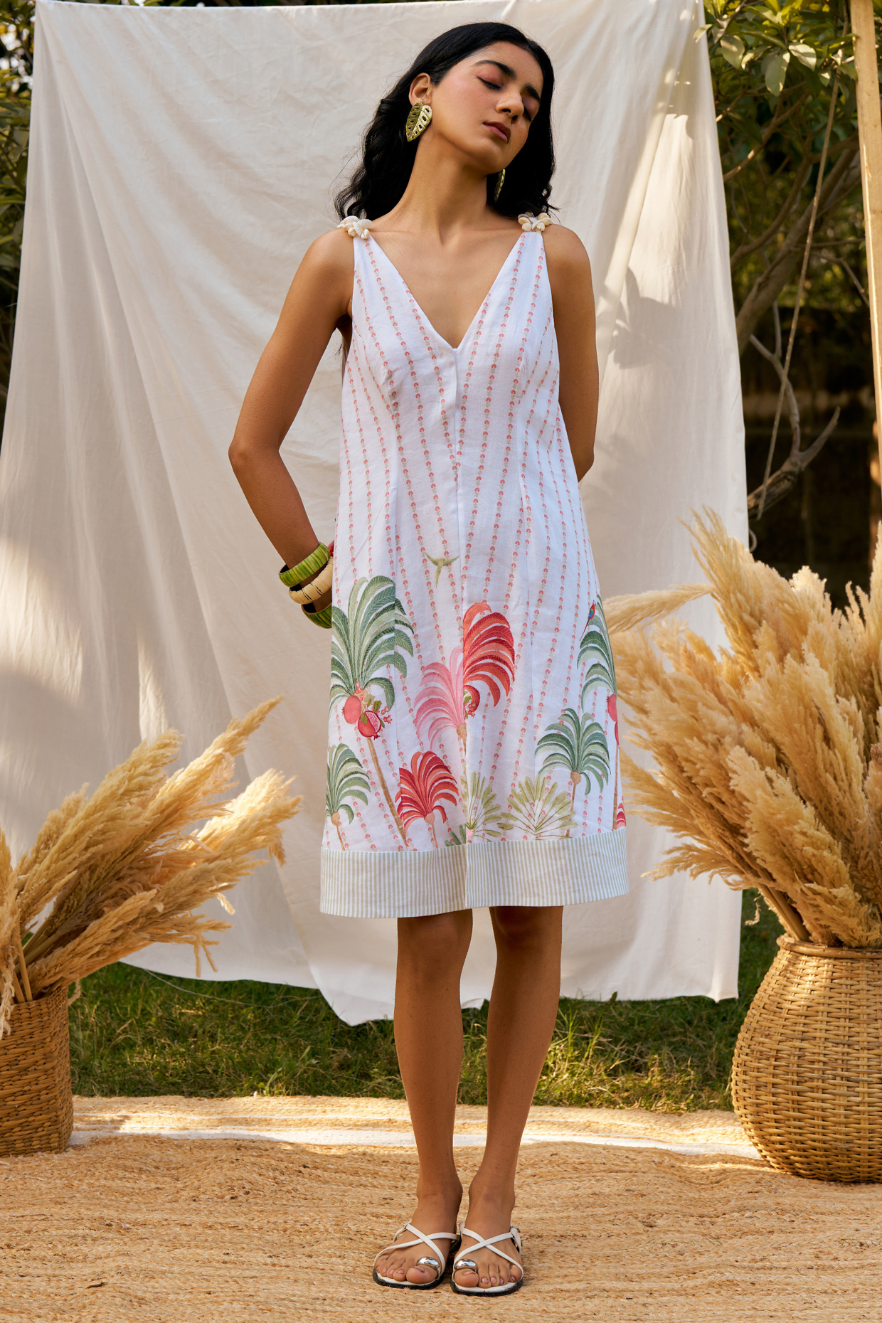 Ivory Pure Linen Machine Embroidered Vacation Dress by MOH India at Pernia's Pop Up Shop