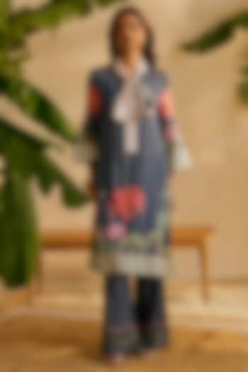 Midnight Blue Pure Linen Machine Embroidered Kurta Set by MOH India at Pernia's Pop Up Shop