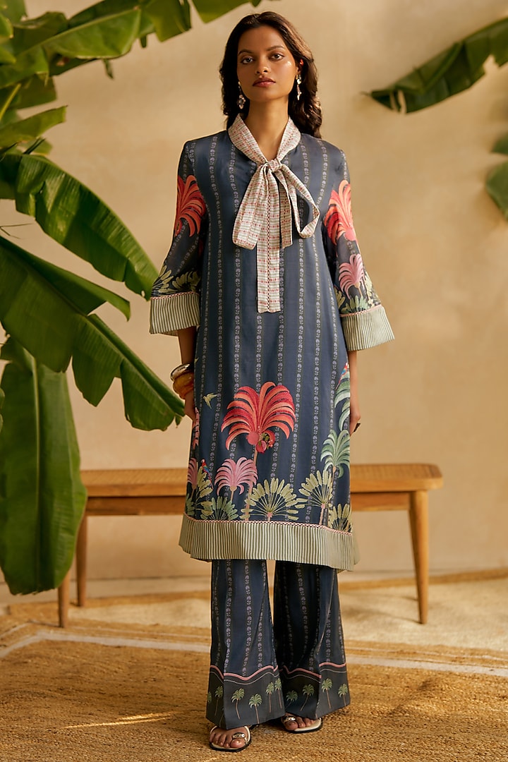 Midnight Blue Pure Linen Machine Embroidered Kurta Set by MOH India at Pernia's Pop Up Shop