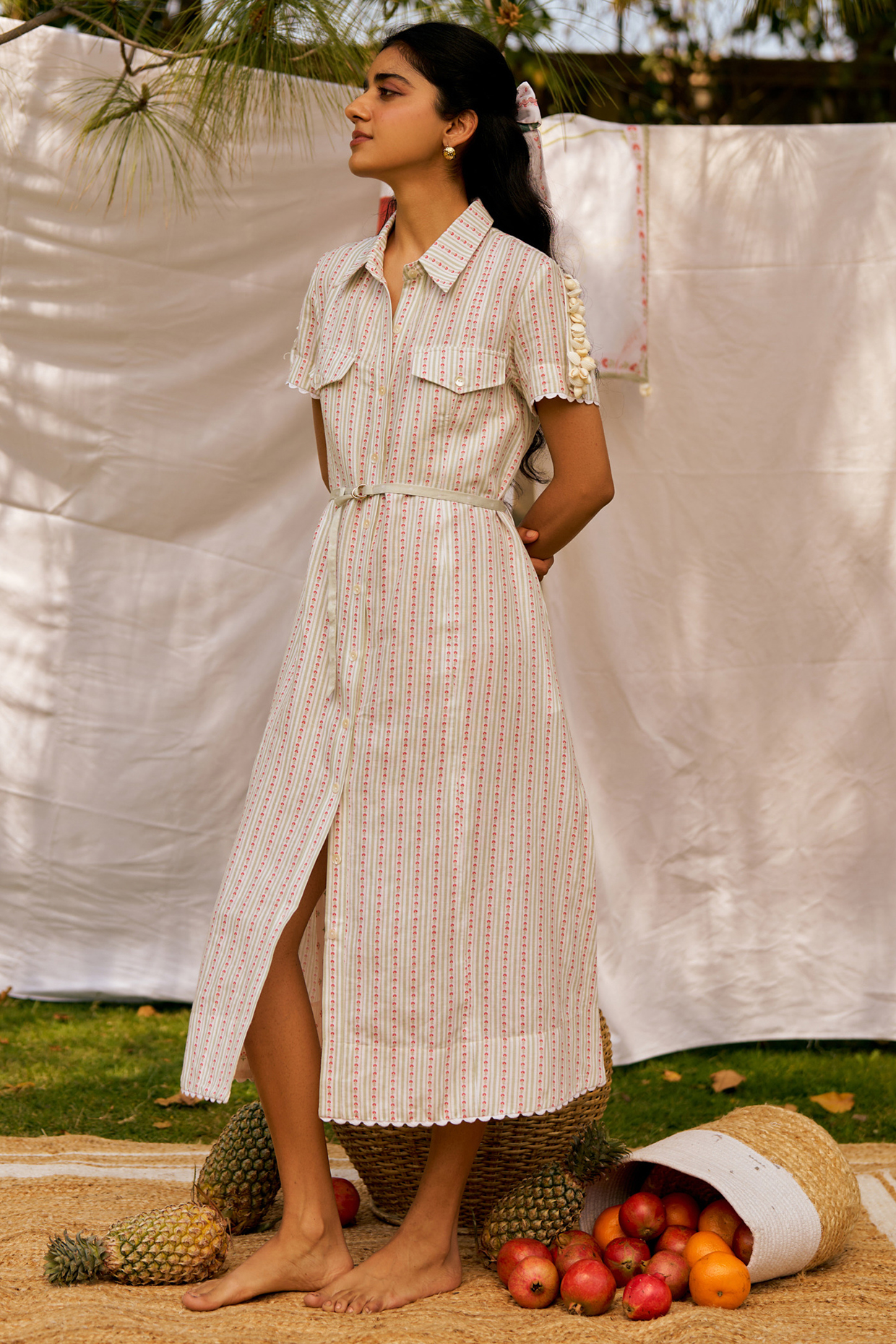 Ivory Pure Linen Machine Embroidered Vacation Shirt Dress by MOH India at Pernia's Pop Up Shop