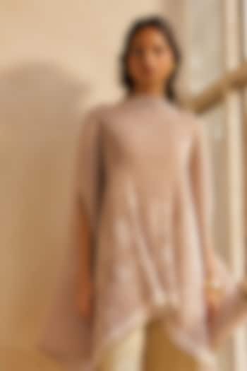 Taupe Poly Satin Printed & Embroidered Cape by MOH India at Pernia's Pop Up Shop