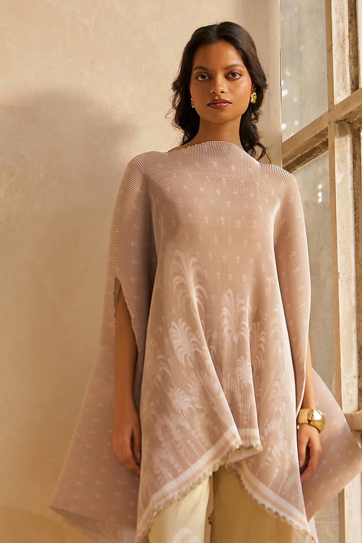 Taupe Poly Satin Printed & Embroidered Cape by MOH India at Pernia's Pop Up Shop