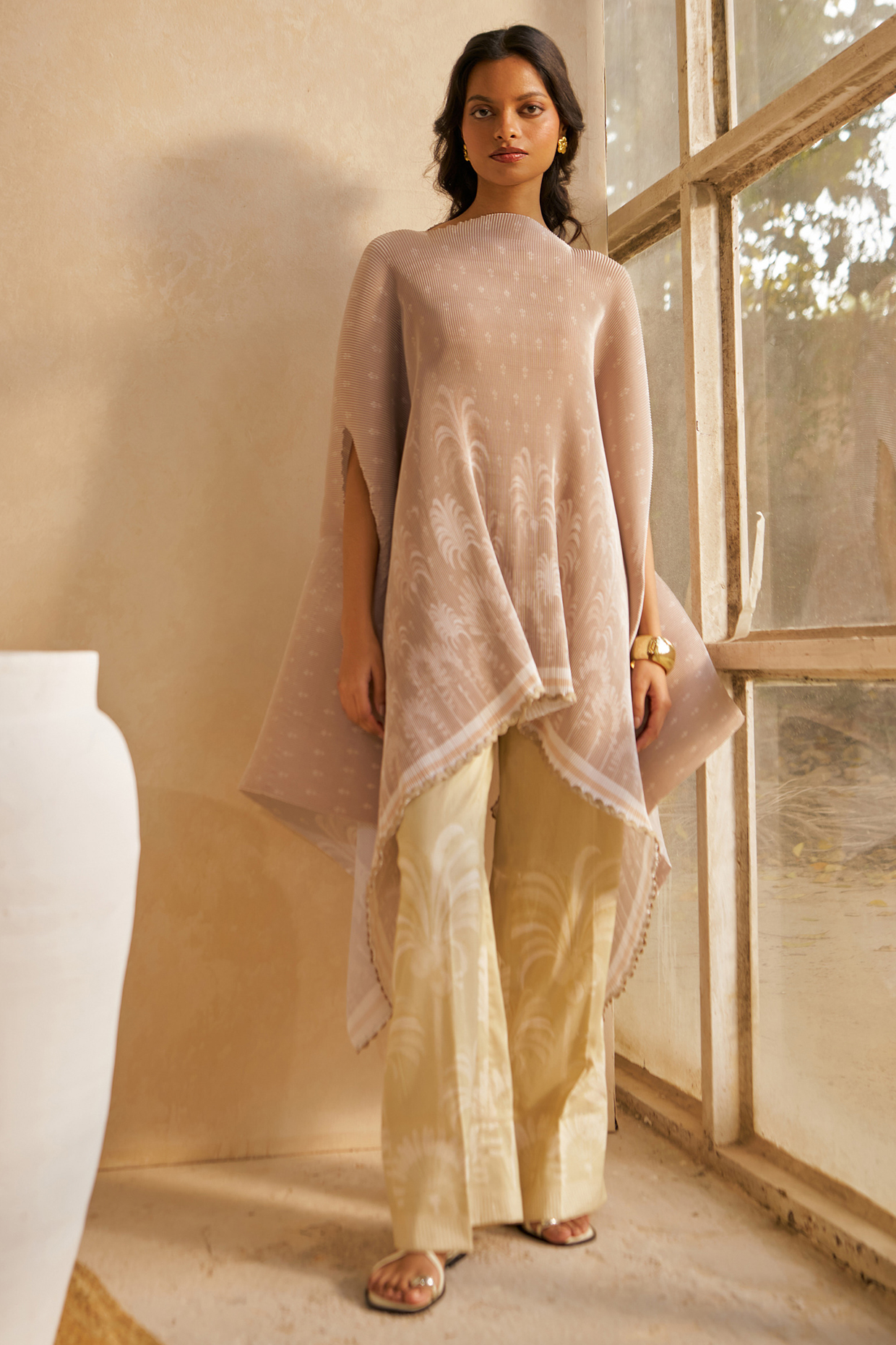 Taupe Poly Satin Machine Embroidered Cape Set by MOH India at Pernia's Pop Up Shop