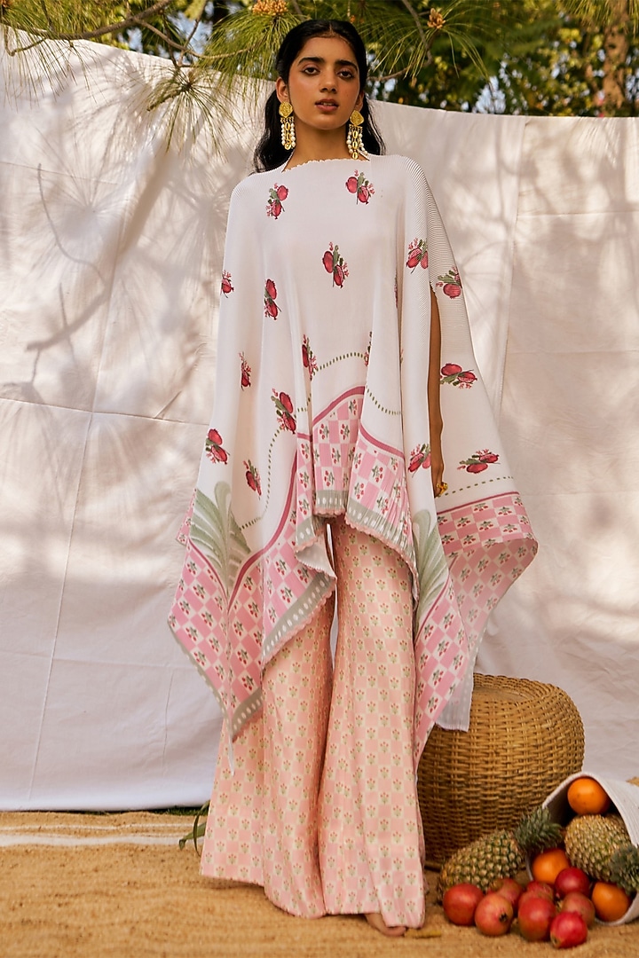 Ivory Poly Satin Machine Embroidered Cape Set by MOH India at Pernia's Pop Up Shop