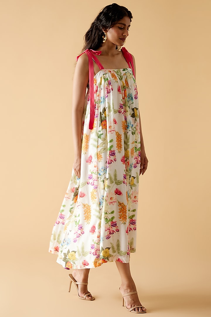 Multi-Colored Muslin Silk Floral Printed Maxi Dress by MOH India
