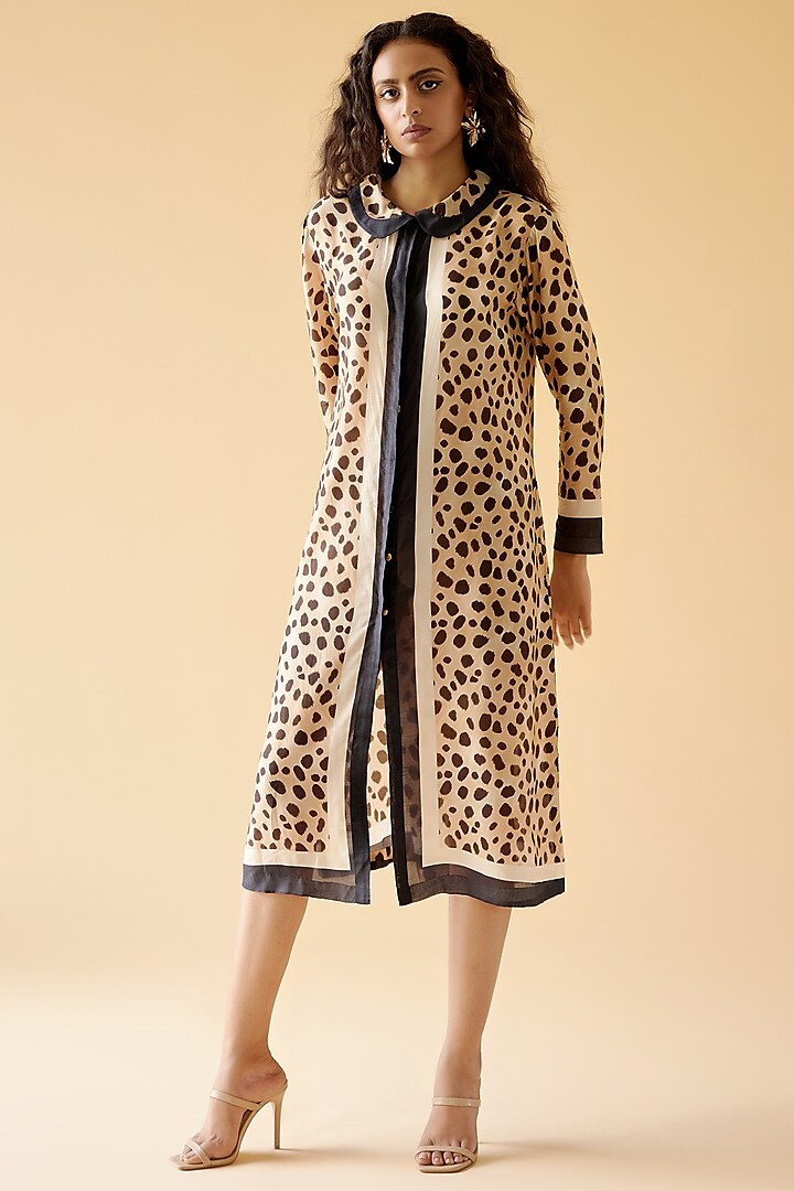 Beige Muslin Silk Cheetah Printed Midi Shirt Dress by MOH India