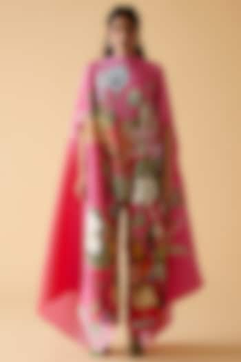 Pink Pleated Satin & Crepe Kaftan Set by MOH India at Pernia's Pop Up Shop