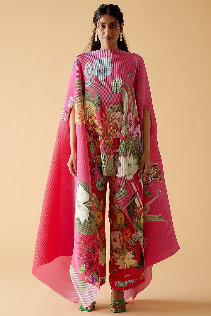 Pink Pleated Satin & Crepe Kaftan Set by MOH India at Pernia's Pop Up Shop