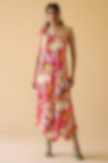 Pink Bemberg Twill Cotton Satin Floral Printed Maxi Dress by MOH India at Pernia's Pop Up Shop