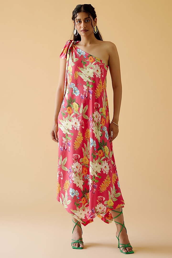 Pink Bemberg Twill Cotton Satin Floral Printed Maxi Dress by MOH India at Pernia's Pop Up Shop